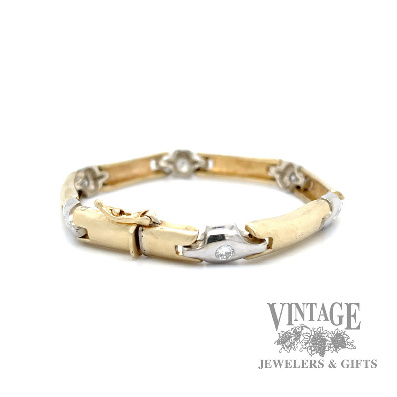 Contemporary 14k two tone gold and diamond link bracelet  bottom