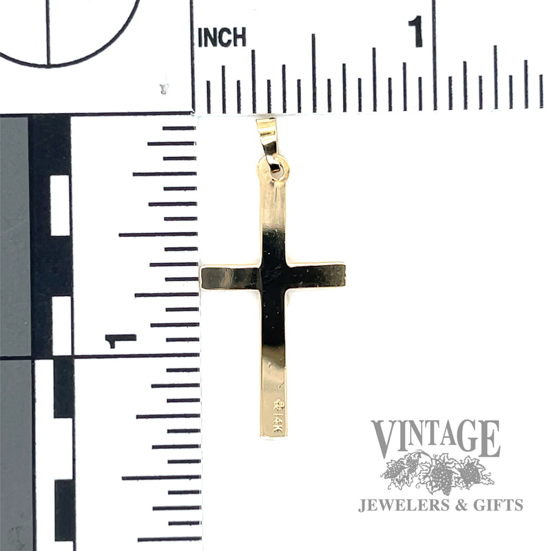 Contemporary 14k gold hollow cross pendant back and scale