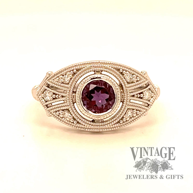 Lab alexandrite and diamond vintage inspired 14k white gold ring