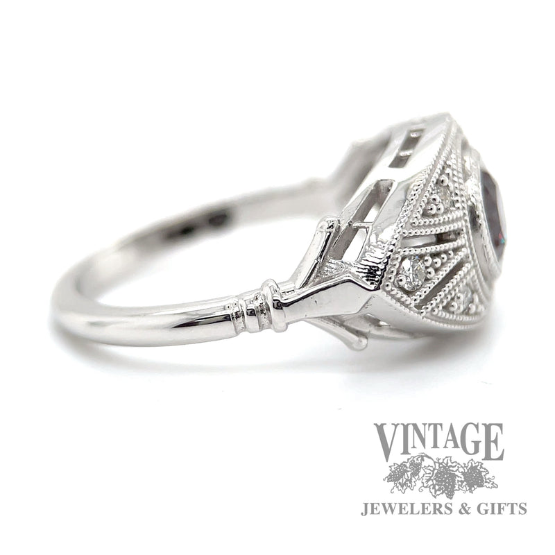 Lab alexandrite and diamond vintage inspired 14k white gold ring