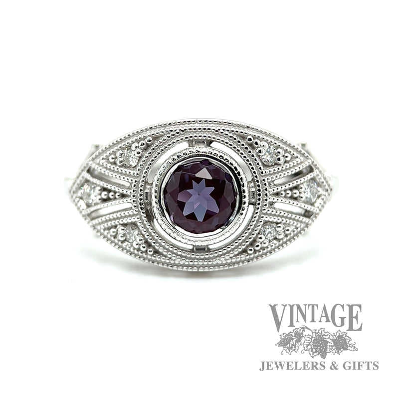 Lab alexandrite and diamond vintage inspired 14k white gold ring