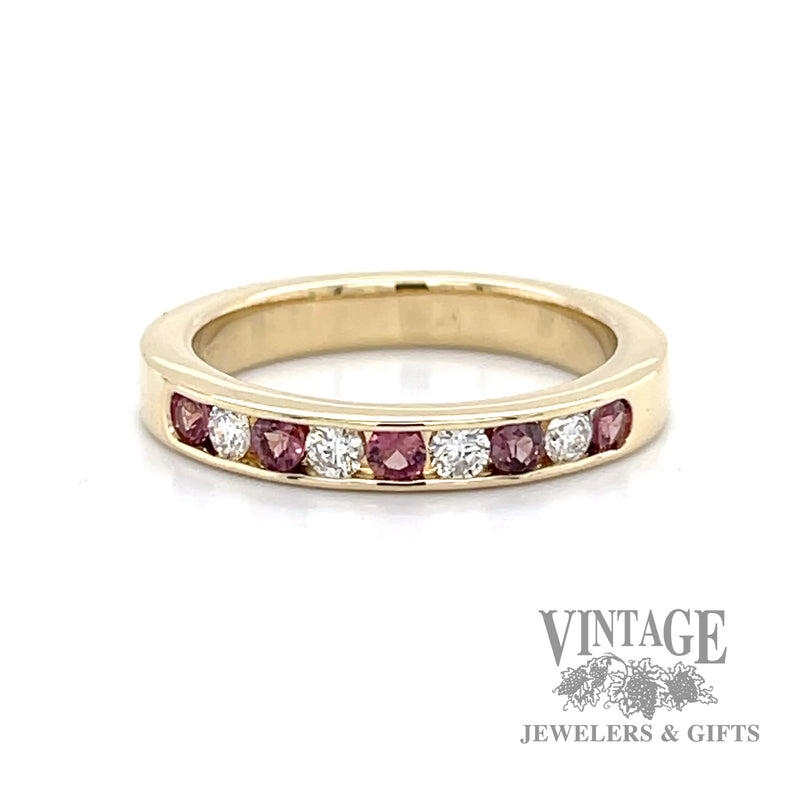 Channel set diamond and garnet ring band
