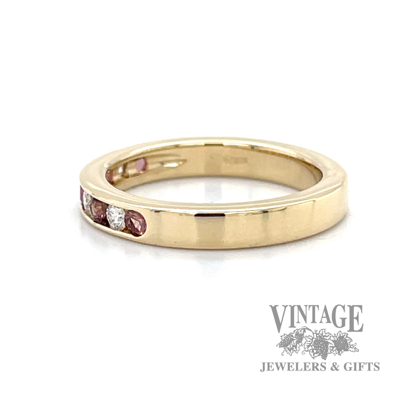 Channel set diamond and garnet ring band side