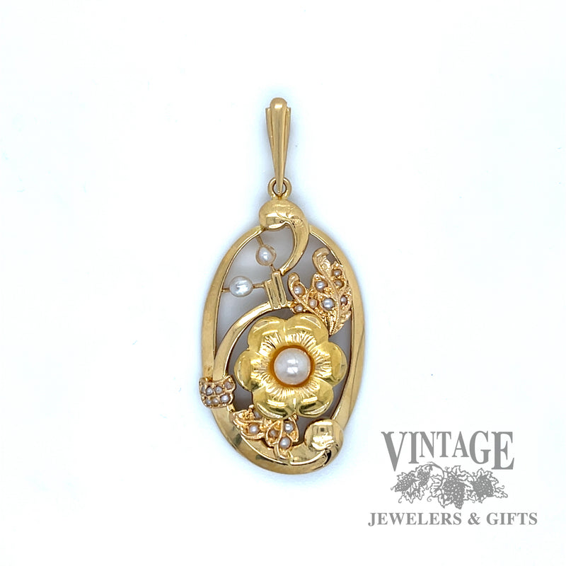 Art nouveau floral 18k gold and pearl Gustaf Dahlgren & Co pendant