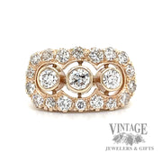 Vintage three stone halo 14k gold and diamond ring