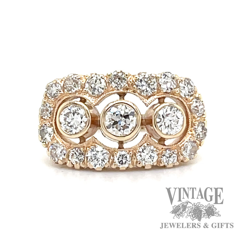 Vintage three stone halo 14k gold and diamond ring