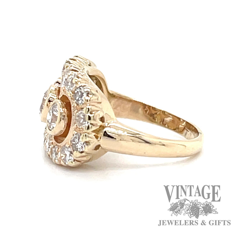Vintage three stone halo 14k gold and diamond ring side
