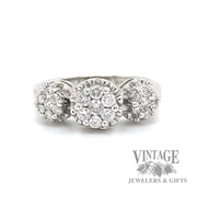Three cluster 10k white gold natural diamond ring