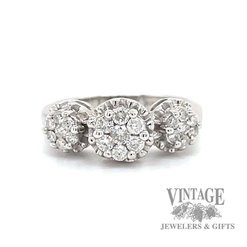 Three cluster 10k white gold natural diamond ring