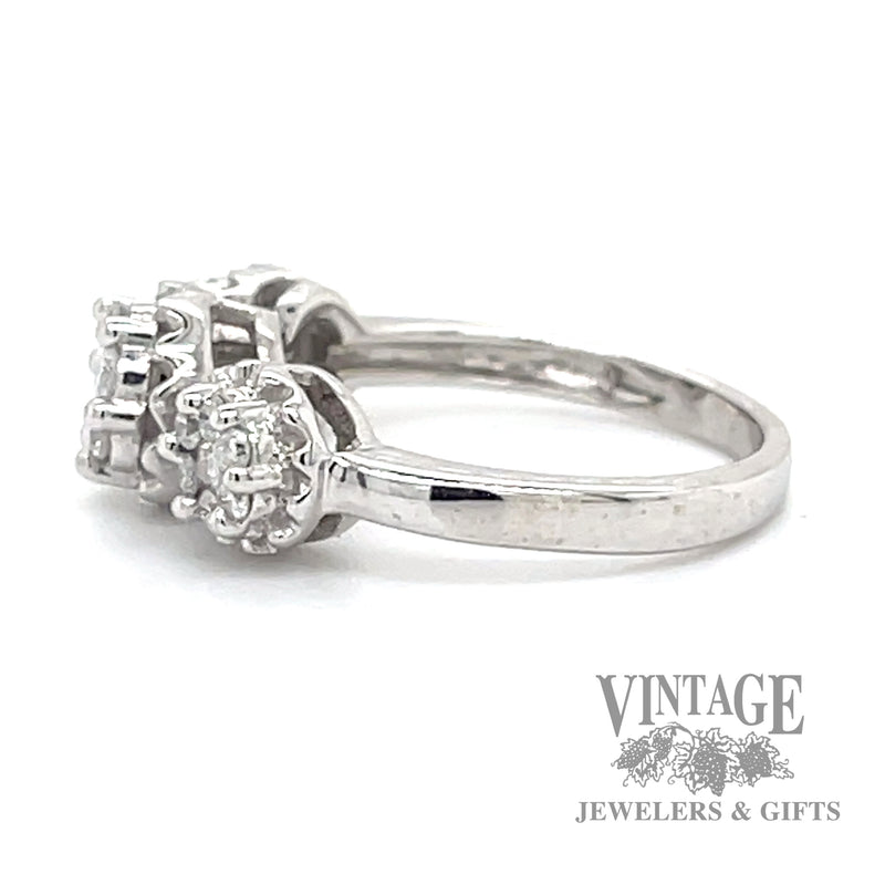 Three cluster 10k white gold natural diamond ring side1