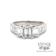 Emerald cut three stone natural diamond 14kw gold ring with accented shank