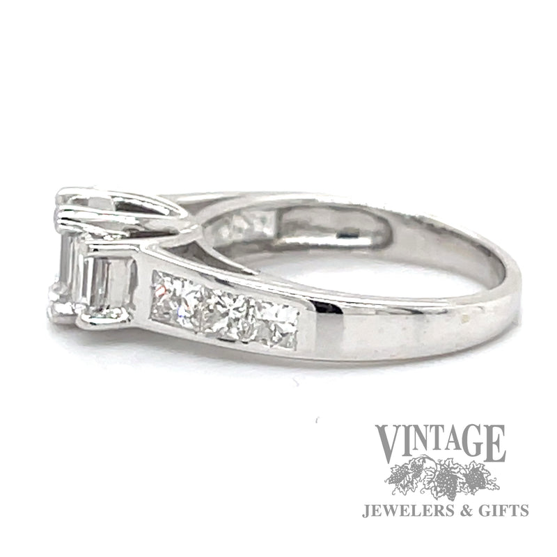 Emerald cut three stone natural diamond 14kw gold ring with accented shank side1