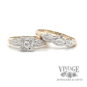 Vintage 14k gold illusion head wedding ring set