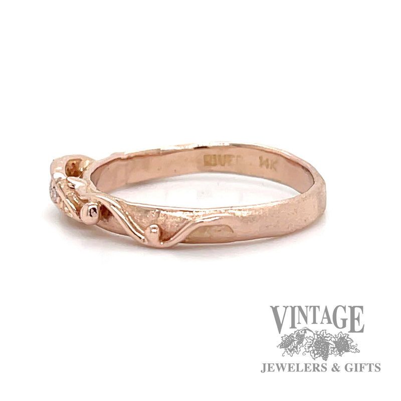 Funky 14k rose gold diamond ring stacker side1