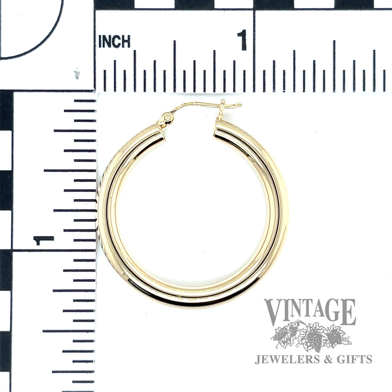 30 mm 14k gold 3.5 mm tube hoop earrings scale