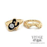 Diamond freeform nugget design 14k gold interlocking ring set both rings