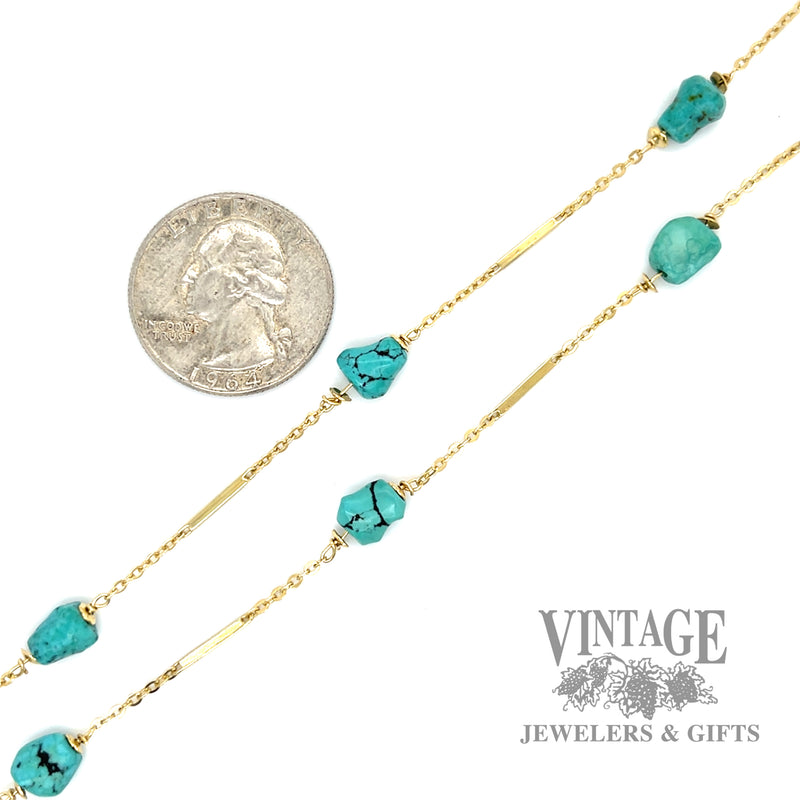 Turquoise 14k gold station chain necklace scale