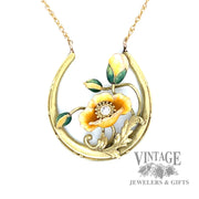 Art Nouveau 14k gold glass enameled floral 14k gold 19" necklace