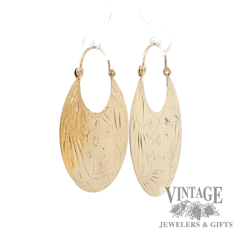 Hand engraved 14k flat drop earrings