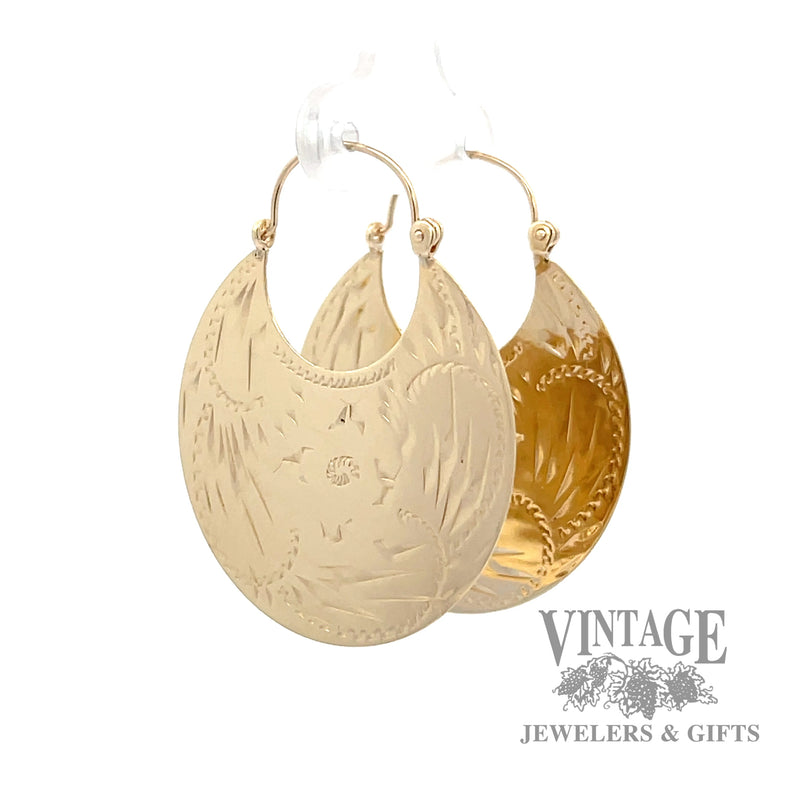 Hand engraved 14k flat drop earrings