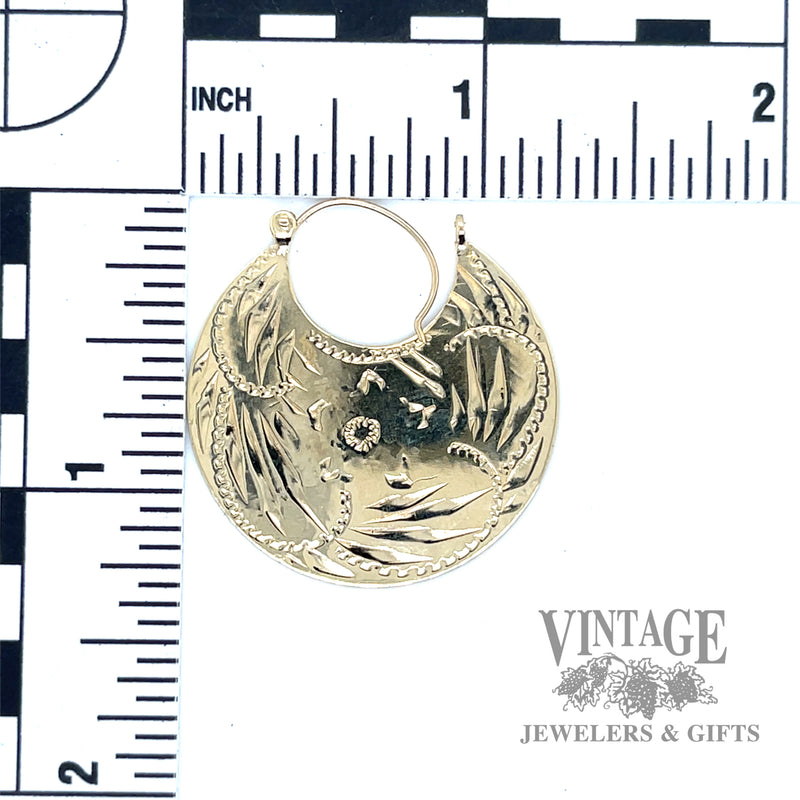 Hand engraved 14k flat drop earrings scale