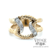 Twisted rope 14k gold and diamond ring close up