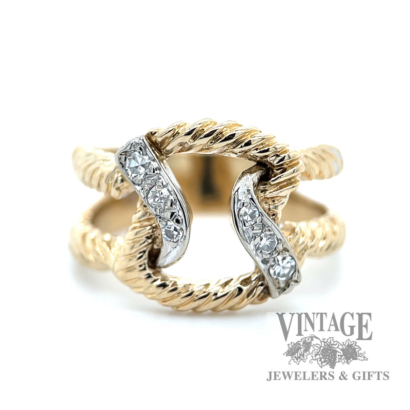 Twisted rope 14k gold and diamond ring close up