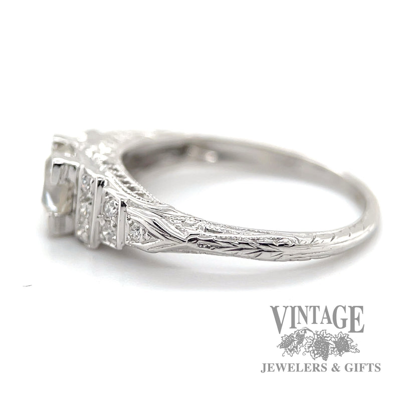 Antique engraved 18k white gold and diamond ring side 2