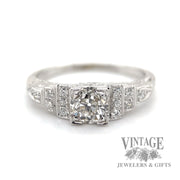 Antique engraved 18k white gold and diamond ring