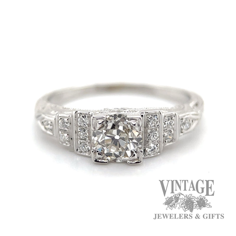 Antique engraved 18k white gold and diamond ring