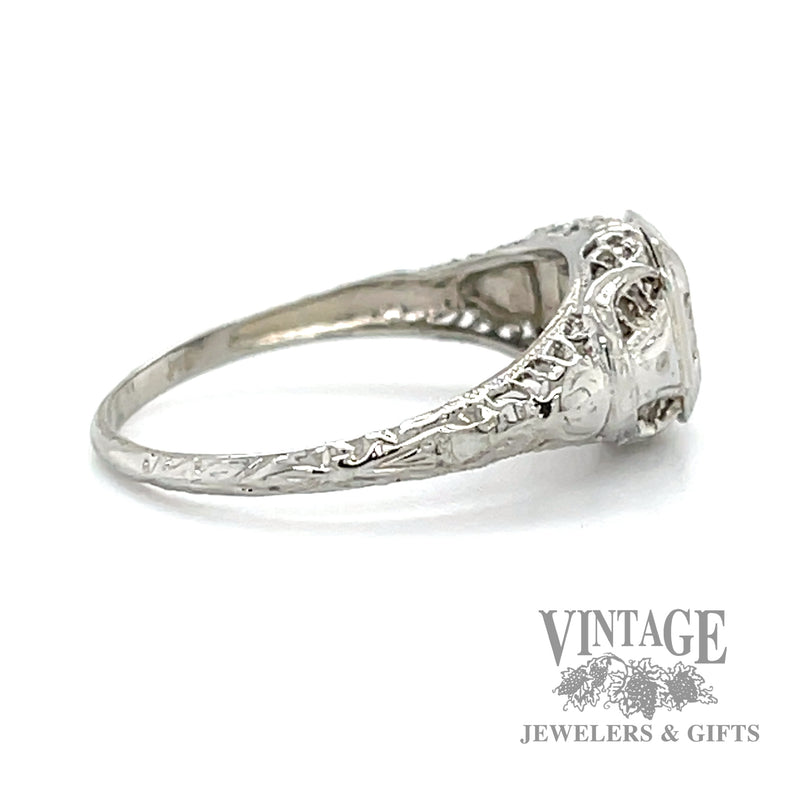 Antique filigree 18k white gold and diamond solitaire ring side 2