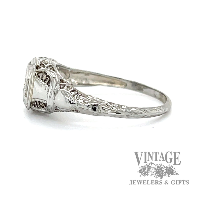 Antique filigree 18k white gold and diamond solitaire ring side