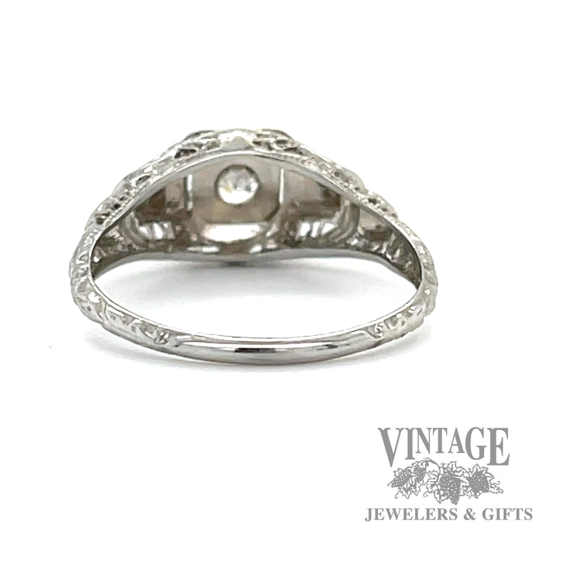 Antique filigree 18k white gold and diamond solitaire ring bottom
