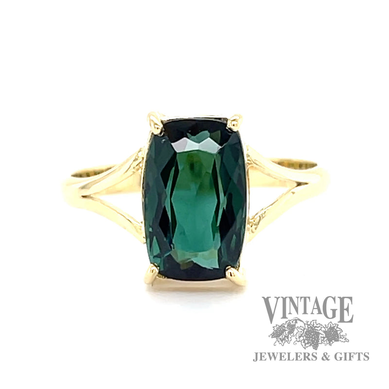 Elongated cushion shaped green tourmaline 18k gold handmade ring