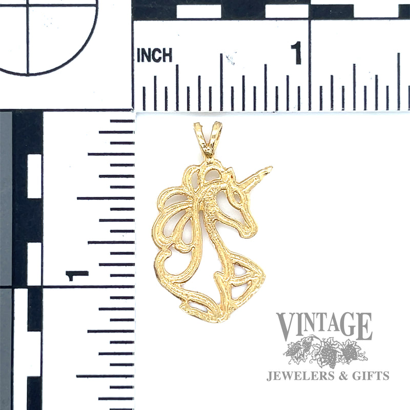 Cutout Unicorn silhouette 14k gold pendant scale