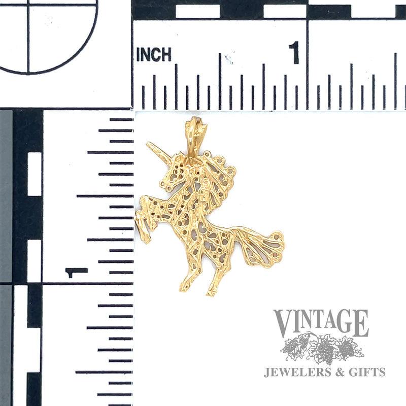 Filigree cutout Unicorn 14k gold pendant scale