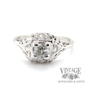 Antique 18k white gold filigree diamond solitaire ring