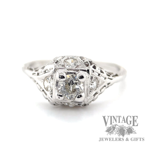 Antique 18k white gold filigree diamond solitaire ring