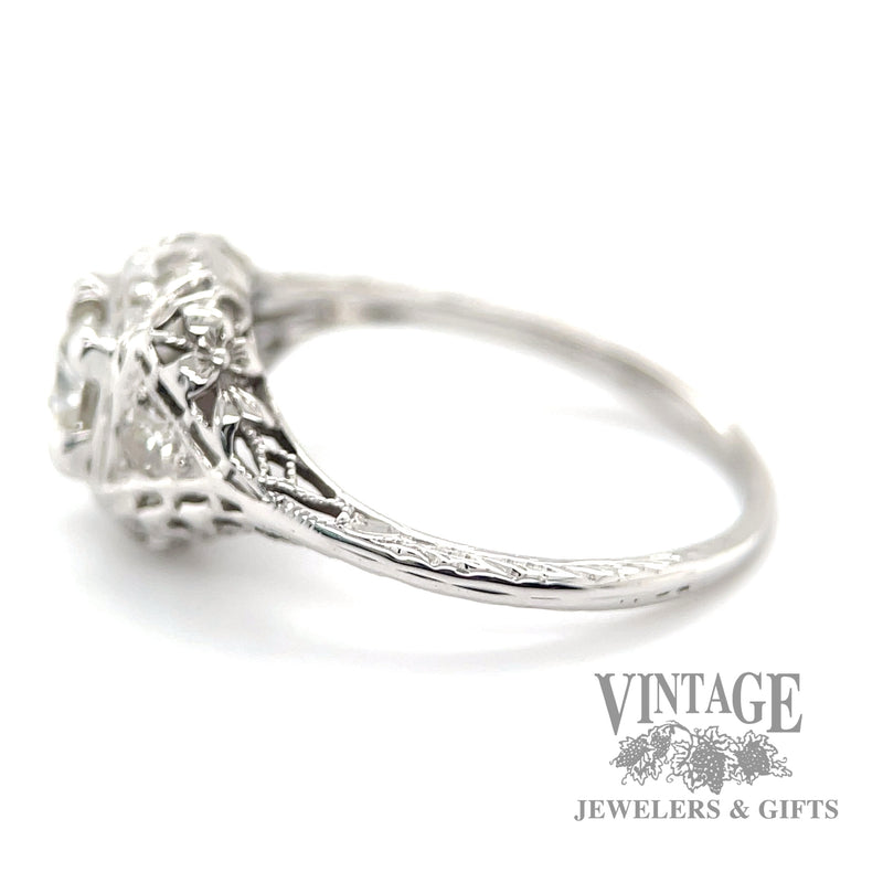 Antique 18k white gold filigree diamond solitaire ring side