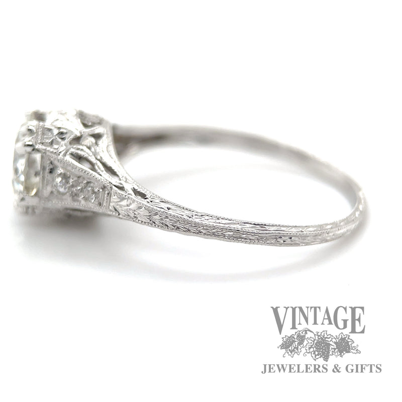 Antique hand engraved platinum and diamond ring Side