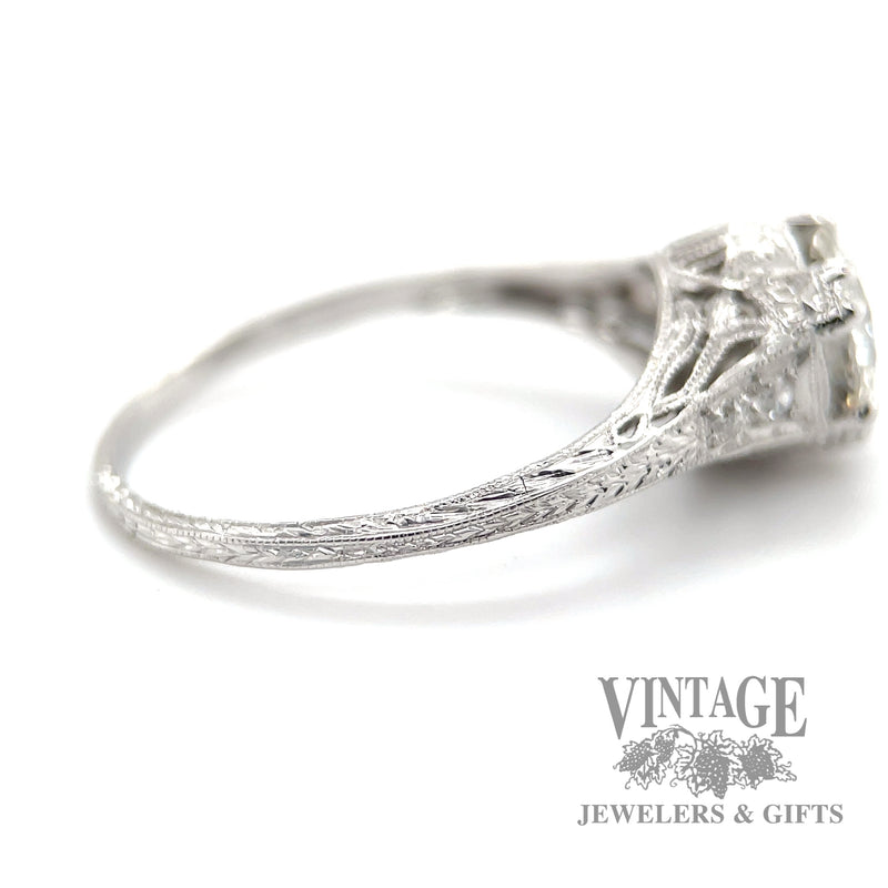 Antique hand engraved platinum and diamond ring side