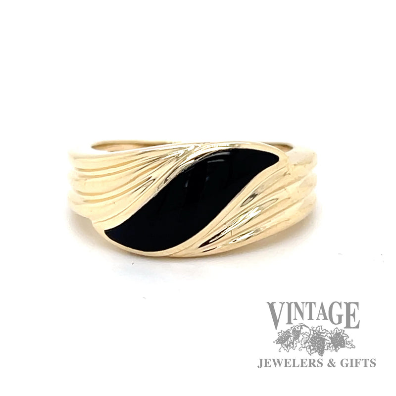 Onyx inlay fluted bypass 14k gold ring