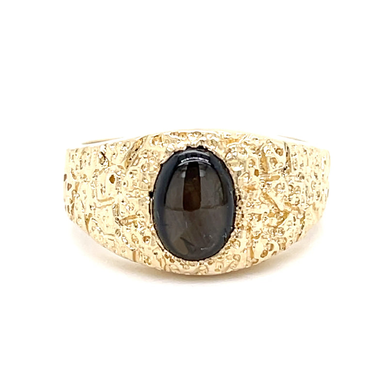 Textured black star sapphire 14k gold ring