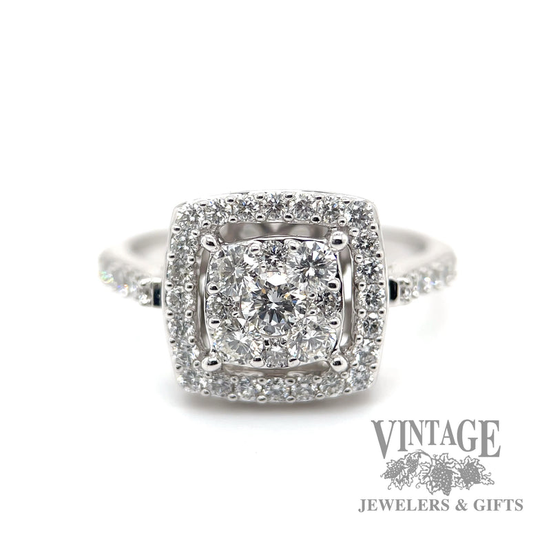 Cushion shaped 14k white gold diamond cluster ring