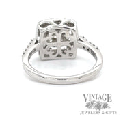 Cushion shaped 14k white gold diamond cluster ring bottom