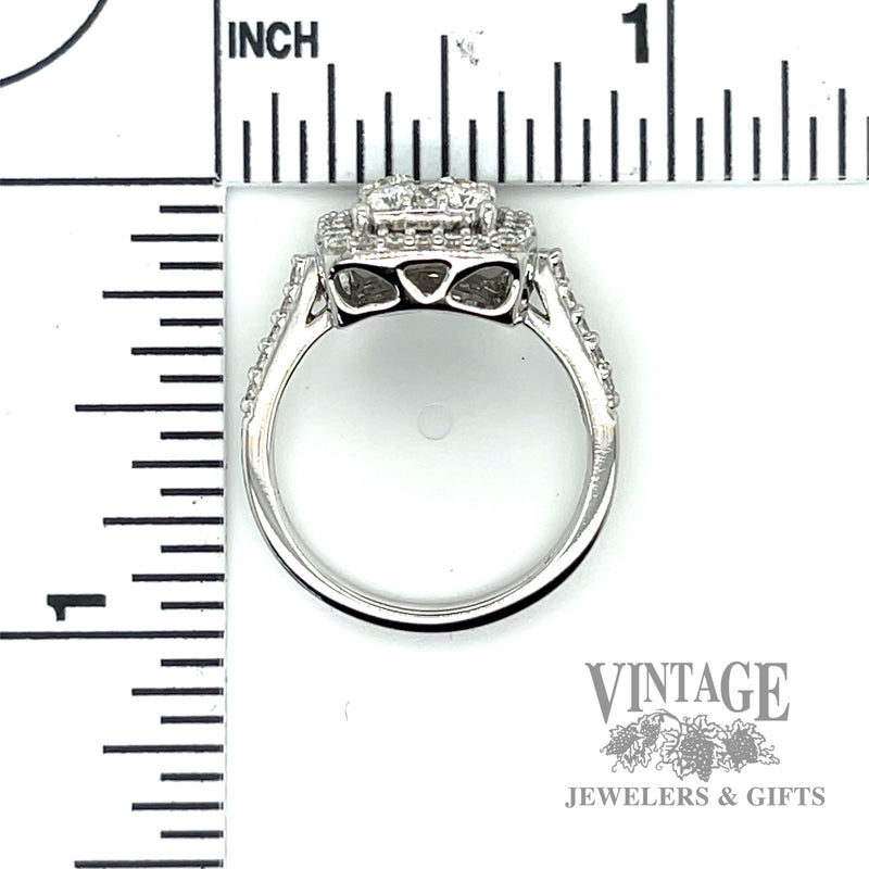 Cushion shaped 14k white gold diamond cluster ring scale