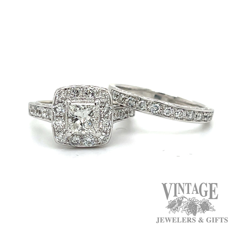 Princess cut 14k white gold and diamond wedding ring set