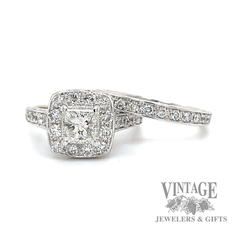 Princess cut 14k white gold and diamond wedding ring set full