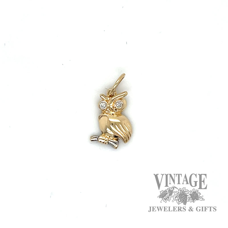 Owl with diamond accents 14k gold charm