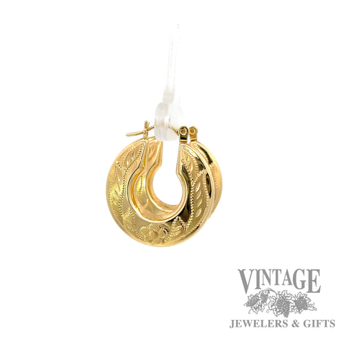 Hoop Etched 14k yellow gold earrings left